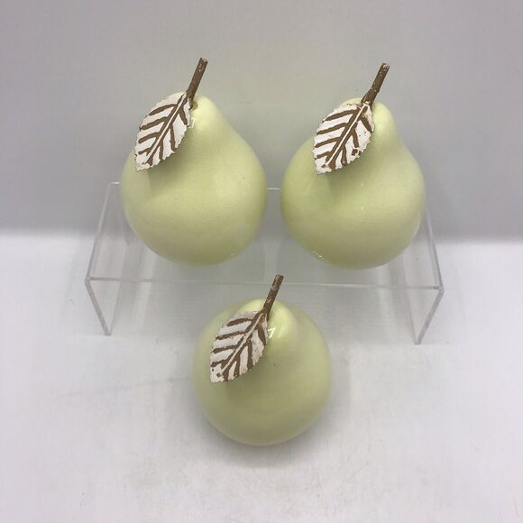 3 Pears Green Glazed Ceramic With Metal Leaf and Stem 4" Tall Modern Farmhouse - Picture 3 of 5